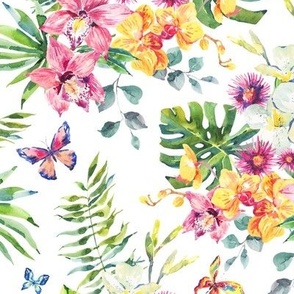 Watercolor Tropical Flowers on White