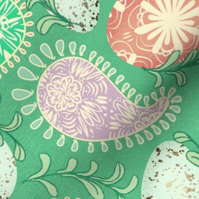 easter eggs spring paisley folk Polish Ukrainian pysanki non-directional | lilac, hot pink, mustard yellow on cool vivid green Kelly green rustic texture non-directional | jumbo + oversized