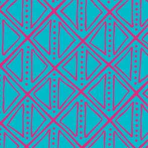 (L) Tribal Triangles in Diamonds Hand Drawn Rustic Boho Geometric Turquoise Blue and Hot Pink