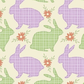 Pastel Floral Bunnies Stitching Effect Pattern