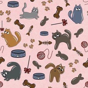 Cheerful felines in varied positions on a soft pink backdrop