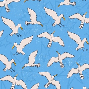 Seaside Cloud Hoppers - Playful Hand-drawn White Birds Flying on Blue