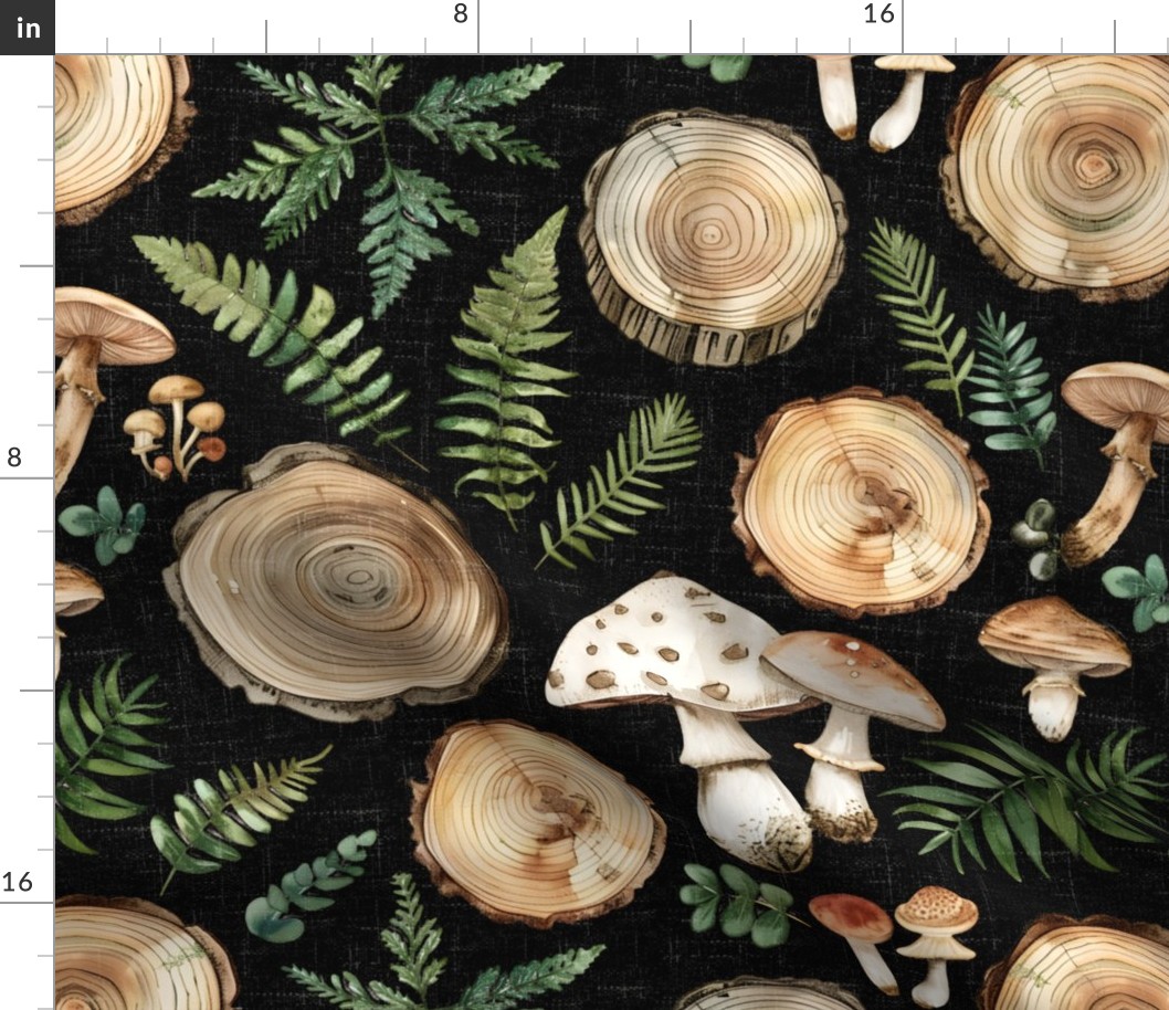 Forest Foraging – Mushrooms and Wood on Black Linen