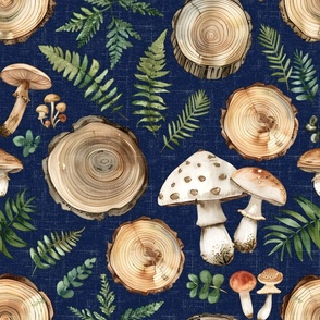 Forest Foraging – Mushrooms and Wood on Navy Linen