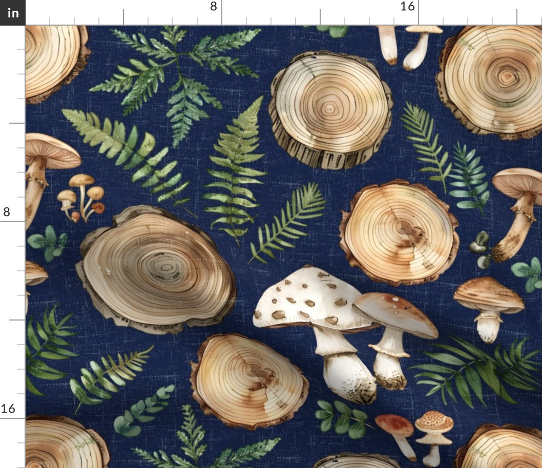 Forest Foraging – Mushrooms and Wood on Navy Linen