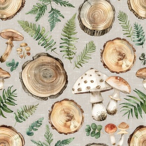 Forest Foraging – Mushrooms and Wood on Agreeable Gray Linen