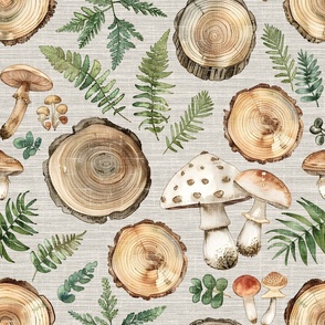 Forest Foraging – Mushrooms and Wood on Agreeable Gray Linen-Grasscloth