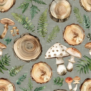 Forest Foraging – Mushrooms and Wood on Evergreen-Fog Linen 