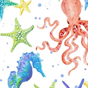 24" Sand and Sea Watercolor Cute Seahorse n Octopus by Audrey Jeanne
