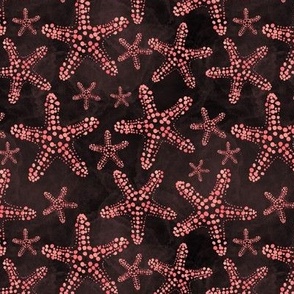 6” repeat Dotty peachy starfish fresco at the beach, painterly abstract on textured mahogany brown