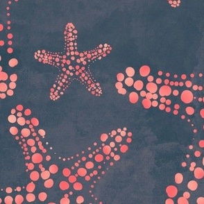 24” repeat Dotty peachy starfish fresco at the beach, painterly abstract on textured airforce blu