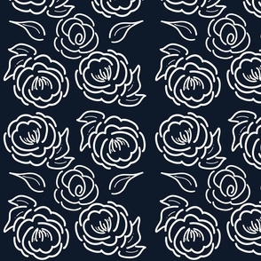 Hand Drawn Peonies Roses | Navy Blue