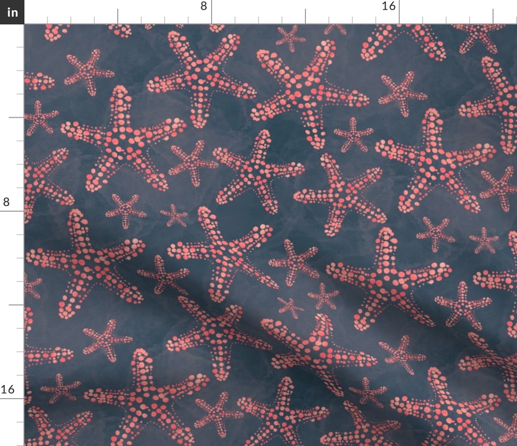 12” repeat Dotty peachy starfish fresco at the beach, painterly abstract on textured airforce blu