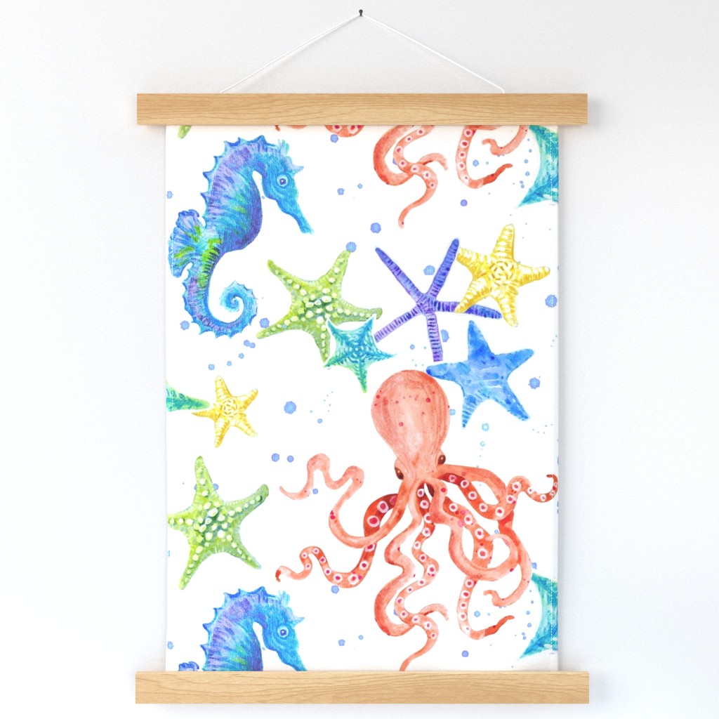 18" Cute Sand and Sea Watercolor Seahorse n Octopus by Audrey Jeanne