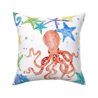 18" Cute Sand and Sea Watercolor Seahorse n Octopus by Audrey Jeanne