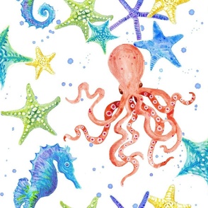 18" Cute Sand and Sea Watercolor Seahorse n Octopus by Audrey Jeanne