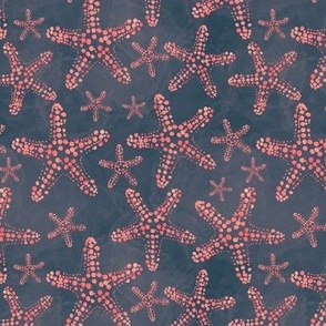 6” repeat Dotty peachy starfish fresco at the beach, painterly abstract on textured airforce blu