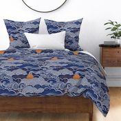 Cozy Night Sky- Navy Blue- Full Moon and Stars Over the Clouds- Moody Sky- Indigo Blue- Denim Blue- Bedroom Wallpaper- Blue Wallpaper- Large