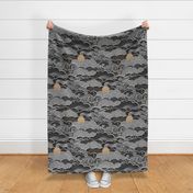Cozy Night Sky- Black and Pale Gold- Full Moon and Stars Over the Clouds- Moody Sky- Gold- Mustard- Bedroom Wallpaper- Black and White Wallpaper- Large