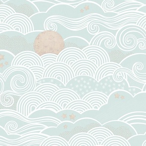 Cozy Night Sky- 44 Sea Glass Mint Green- Full Moon and Stars Over the Clouds- Calming Sky- Soft Light Pastel Green- Dreamy Sky- Bedroom Wallpaper- Monochromatic Duvet- Gender Neutral Nursery- Large