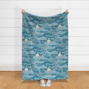Cozy Night Sky- 47 Peacock Turquoise Blue- Full Moon and Stars Over the Clouds- Calming Sky- Teal Blue- Blue Sky- Bedroom Wallpaper- Monochromatic Duvet- Gender Neutral Nursery- Large