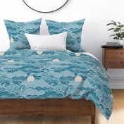 Cozy Night Sky- 47 Peacock Turquoise Blue- Full Moon and Stars Over the Clouds- Calming Sky- Teal Blue- Blue Sky- Bedroom Wallpaper- Monochromatic Duvet- Gender Neutral Nursery- Large