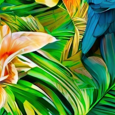 Blue parrot with tropical flowers