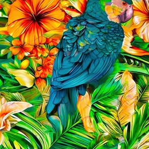 Blue parrot with tropical flowers