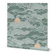 Cozy Night Sky- 36 Pine Green- Full Moon and Stars Over the Clouds- Calming Sky- Soft Muted Green- Dreamy Sky- Bedroom Wallpaper- Monochromatic Duvet- Gender Neutral Nursery- Large