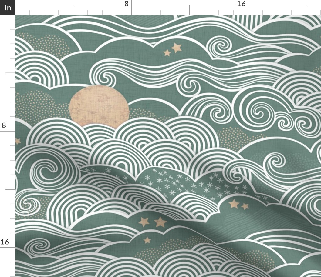 Cozy Night Sky- 36 Pine Green- Full Moon and Stars Over the Clouds- Calming Sky- Soft Muted Green- Dreamy Sky- Bedroom Wallpaper- Monochromatic Duvet- Gender Neutral Nursery- Large