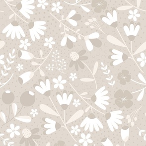 Bloom Medley - Neutral Colors - Flowers - Florals - Hibiscus - Earthy - Beige - Warm Minimalism - Nature - Daisies - Botanicals - Sophisticated - Bathroom Wallpaper