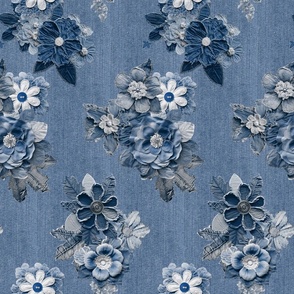 Romantic Blue Jeans Denim  Flowers Smaller Scale