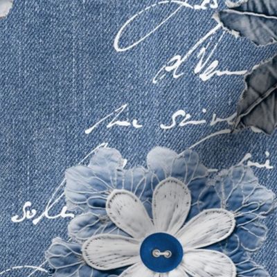 Romantic Blue Jeans Denim  Flowers And Script