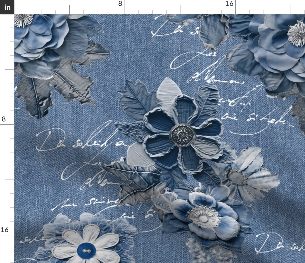 Romantic Blue Jeans Denim  Flowers And Script