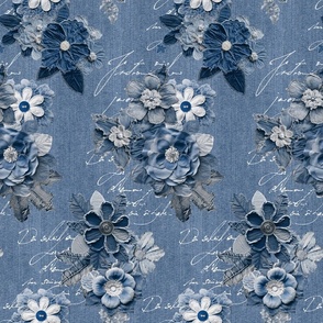 Romantic Blue Jeans Denim  Flowers And Script Smaller Scale