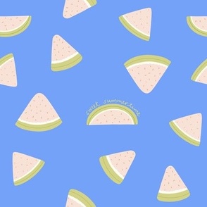 coral pink and lime green watermelon slices on bright azure blue