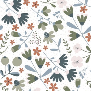 Bloom Medley - Olive Green and Slate Blue - Flowers - Florals - Hibiscus - Sage Green - Moss Green - Nature - Daisies - Botanicals - Sophisticated - Bathroom Wallpaper
