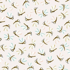 Medium scale |  Cute scattered dragonflies on linen white 