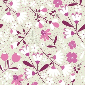 Bloom Medley - Light Moss Green and Pink - Flowers - Florals - Mint Green - Burgundy - Hibiscus - Nature - Daisies - Botanicals - Sophisticated - Bathroom Wallpaper