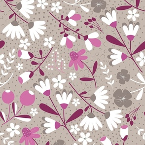 Bloom Medley - Khaki and Pink - Burgundy - Flowers - Florals - Hibiscus - Nature - Daisies - Botanicals - Sophisticated - Bathroom Wallpaper
