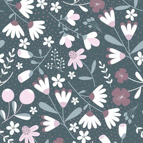 Bloom Medley - Slate Gray - Muted Green - Pink - Mauve - Floral - Flowers - Botanicals - Garden - Hibiscus - Daisies - Roses - Nature - Bathroom Wallpaper - Sophisticated