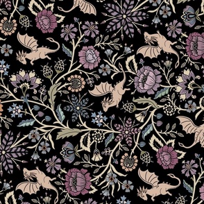 Pollinator dragons - traditional fantasy floral, goth - muted jewel tones on black - ROTATED - large