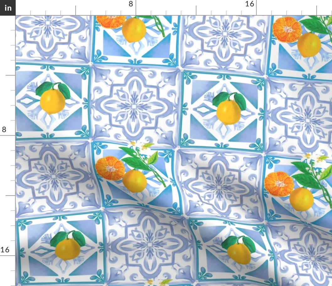 Blue tiles,mosaic,majolica art lemon ,citrus,