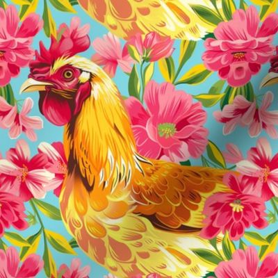 tropical floral chicken in a red floral garden