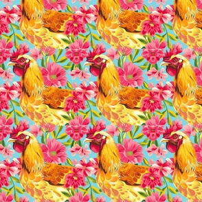 tropical floral chicken in a red floral garden