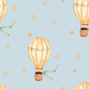 Yellow watercolor hot air balloon (M) with green bunting and stars on polar sky for baby boy nursery wallpaper 