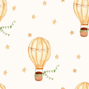 Yellow watercolor hot air balloon (M) with green bunting and stars for gender neutral nursery wallpaper