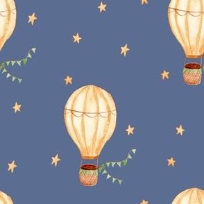 Yellow watercolor hot air balloon (L) with green bunting and stars on blue nova for baby boy nursery wallpaper 