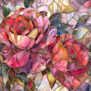 Stained Glass Watercolor Pink and Red Roses Floral Flowers