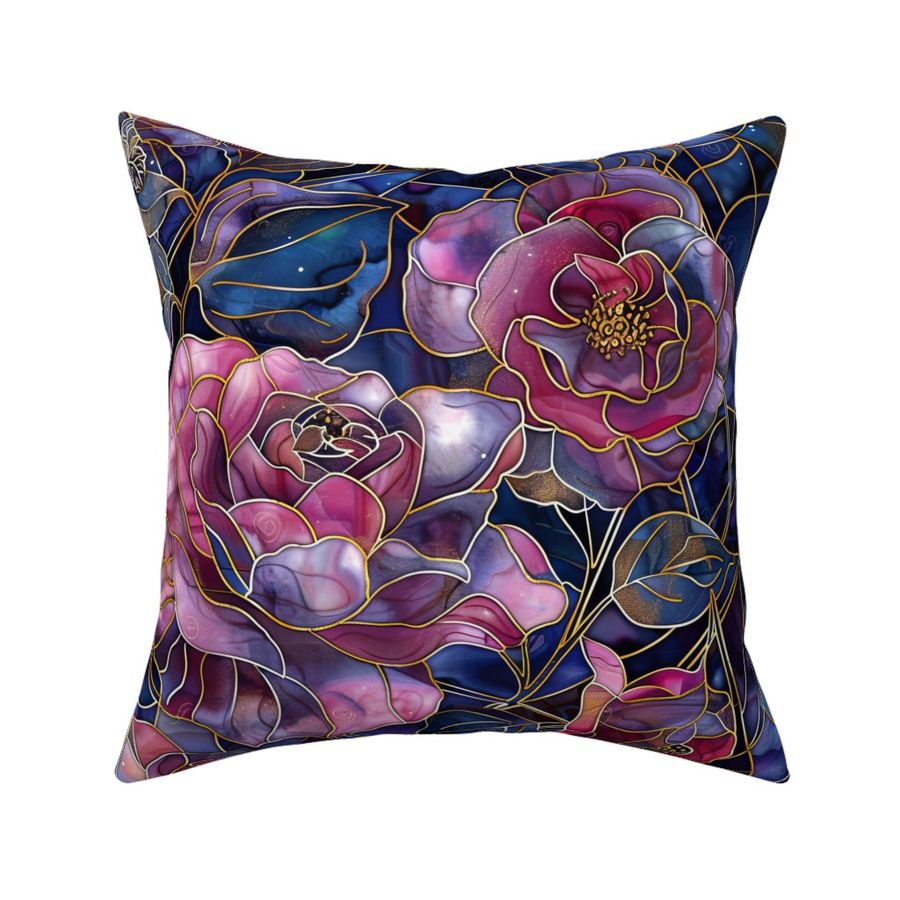 Stained Glass Watercolor Pink Purple Blue Evening Roses Floral Flowers